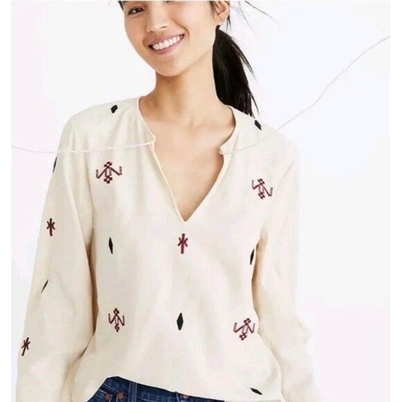 Madewell Women Shirt Small Silk Red Embroidered Aztec Print Tassel Poms Top - Picture 14 of 16